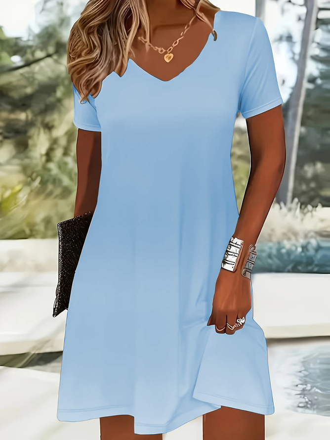 Damen Unifarben Kurzarm Sommer Kleid V-Ausschnitt Täglich Lässig Midi Passen & Flare Kleid A-Linien-Kleid