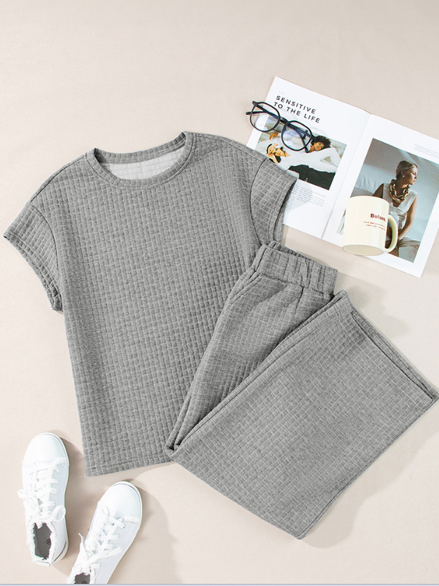 Damen Unifarben Nahtverarbeitung Zweiteiliges Set Täglich Halbarm Lässig Sommer Bluse mit Hose Matching Set