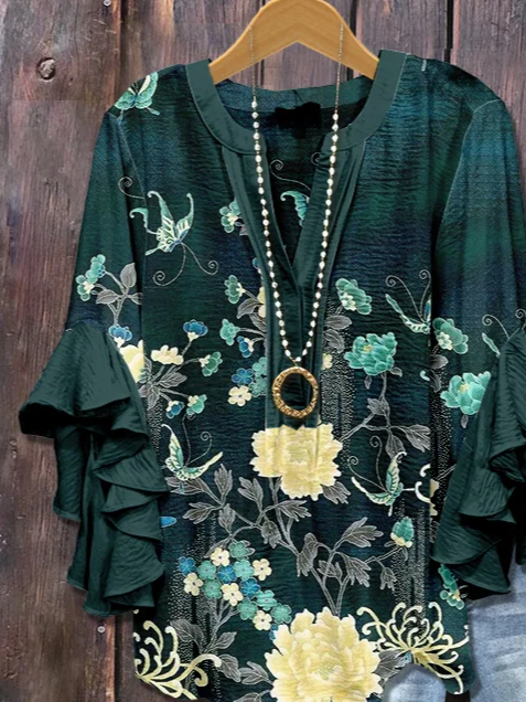 Damen Geblümt Halbarm Bluse Sommer Print V-Ausschnitt Täglich Lässig Oberteile