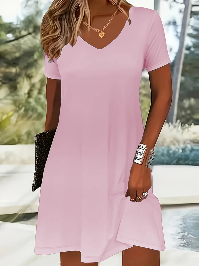 Damen Unifarben Kurzarm Sommer Kleid V-Ausschnitt Täglich Lässig Midi Passen & Flare Kleid A-Linien-Kleid