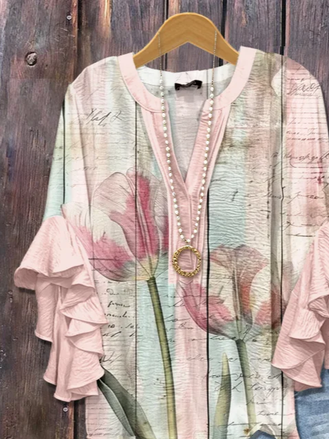 Damen Geblümt Halbarm Bluse Sommer Print V-Ausschnitt Täglich Lässig Oberteile