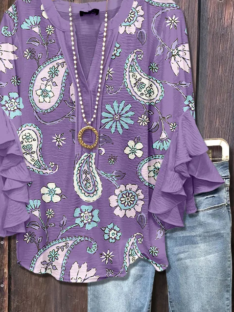 Damen Geblümt Halbarm Bluse Sommer Print V-Ausschnitt Täglich Lässig Oberteile