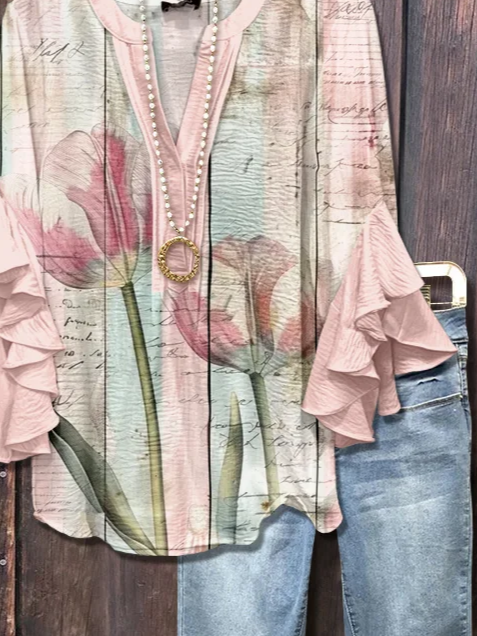 Damen Geblümt Halbarm Bluse Sommer Print V-Ausschnitt Täglich Lässig Oberteile