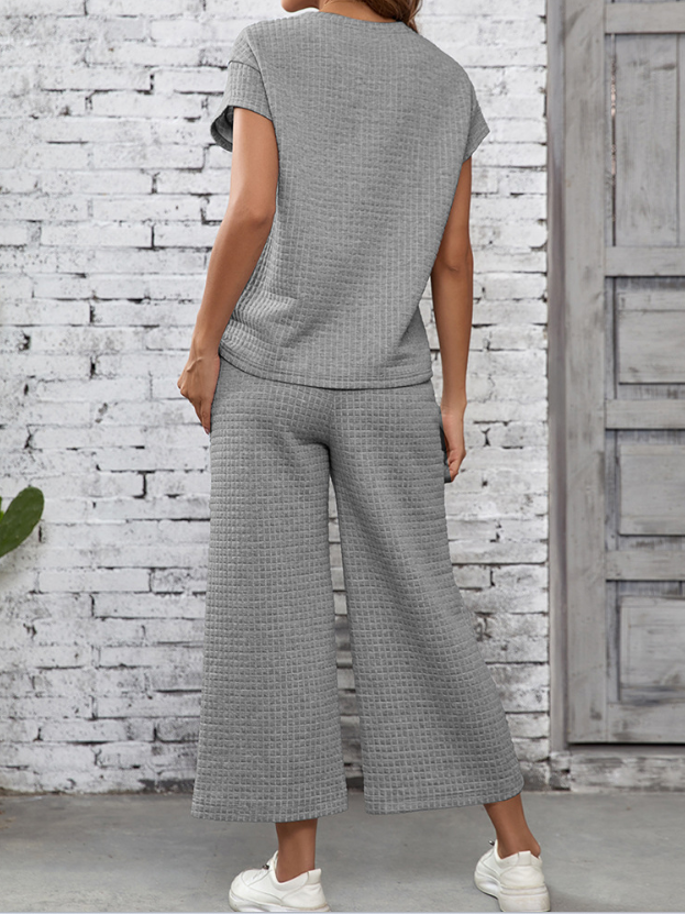 Damen Unifarben Nahtverarbeitung Zweiteiliges Set Täglich Halbarm Lässig Sommer Bluse mit Hose Matching Set