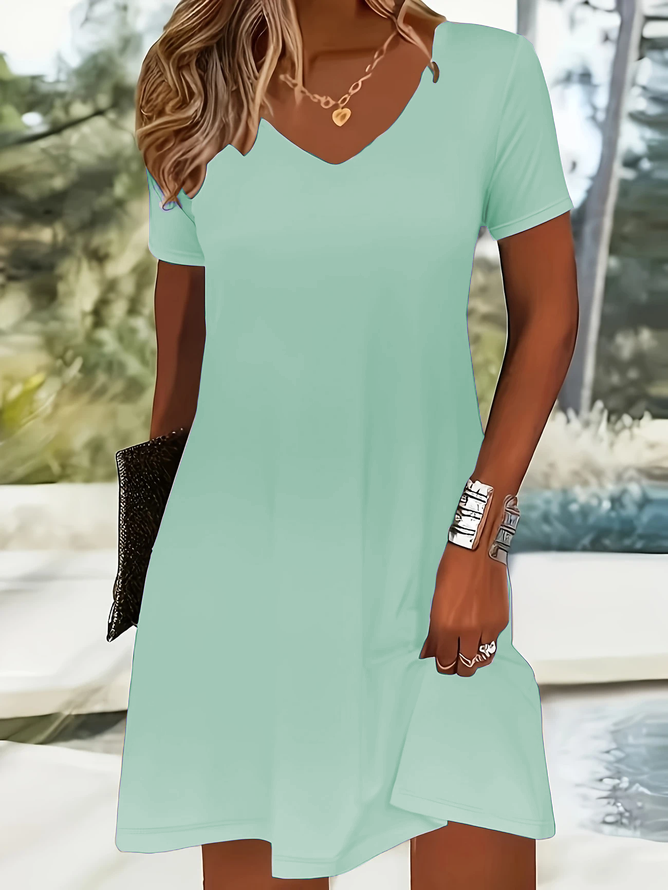 Damen Unifarben Kurzarm Sommer Kleid V-Ausschnitt Täglich Lässig Midi Passen & Flare Kleid A-Linien-Kleid
