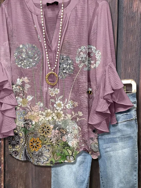 Damen Geblümt Halbarm Bluse Sommer Print V-Ausschnitt Täglich Lässig Oberteile