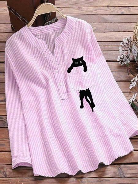 Damen Gestreift Langarm Bluse Frühling/Herbst Print V-Ausschnitt Täglich Retro Oberteile