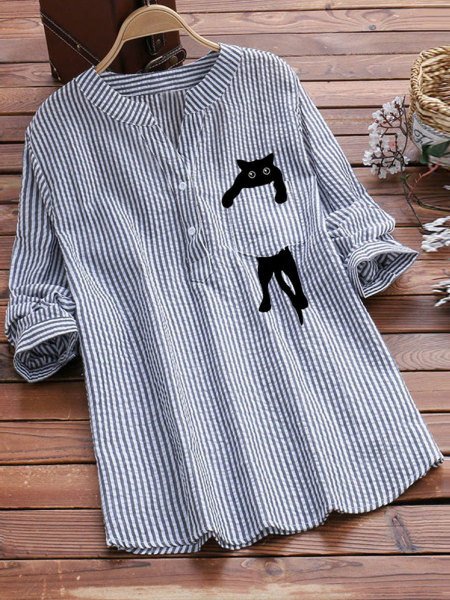 Damen Gestreift Langarm Bluse Frühling/Herbst Print V-Ausschnitt Täglich Retro Oberteile