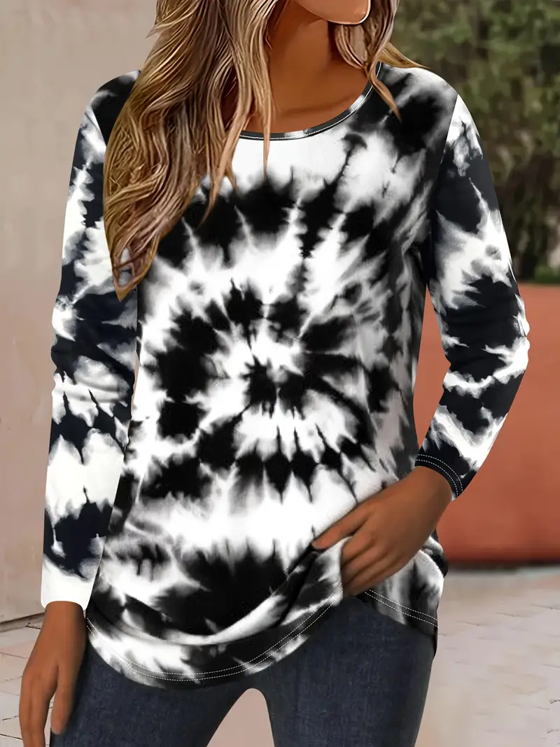 Damen Tie-Dye-Muster Langarm T-Shirts T-Shirt Rundhals Print Lässig Frühling/Herbst T-Shirt mit Grafik Oberteile