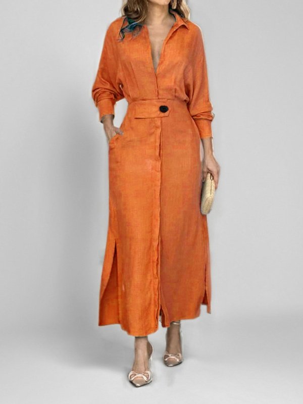 Damen Unifarben Langarm Frühling/Herbst Nahtverarbeitung Kleid V-Ausschnitt Täglich Retro Maxikleid Tanktop A-Linien-Kleid