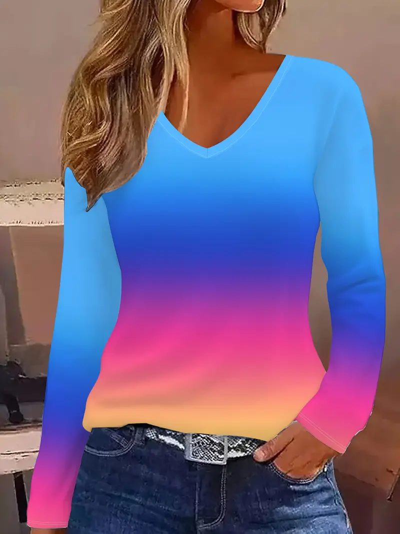 Damen Farbverlauf Langarm T-Shirts T-Shirt V-Ausschnitt Print Lässig Frühling/Herbst T-Shirt mit Grafik Oberteile