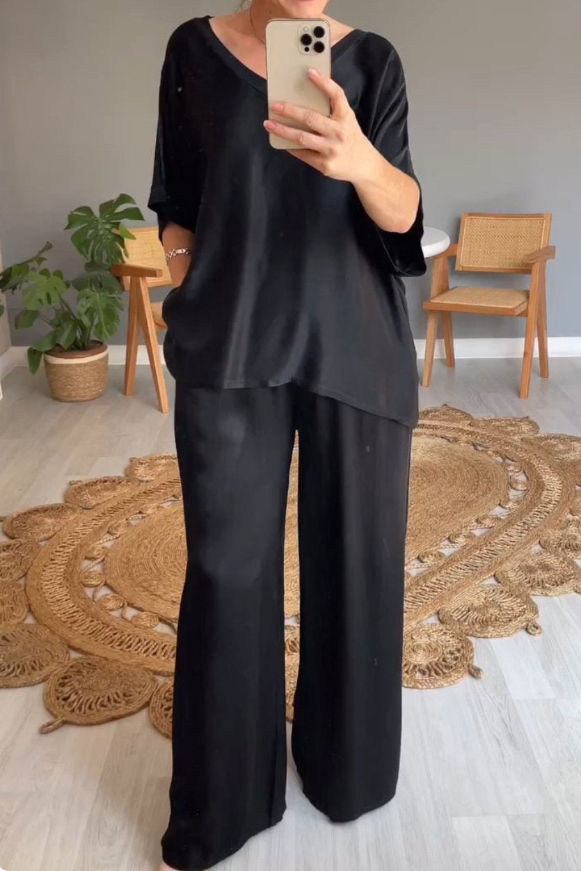 Damen Unifarben Nahtverarbeitung Zweiteiliges Set Täglich Halbarm Lässig Sommer Bluse mit Hose Matching Set