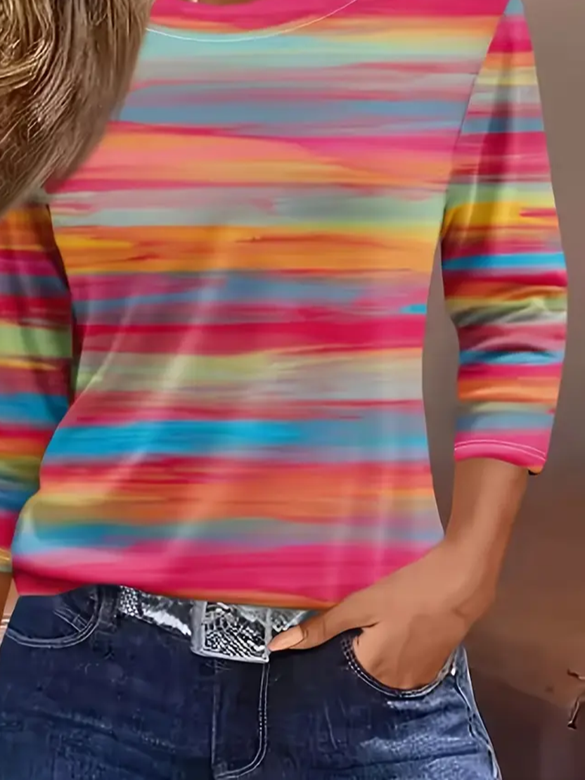 Damen Gestreift Dreiviertelärmel T-Shirts T-Shirt Rundhals Lässig Frühling/Herbst T-Shirt mit Grafik Oberteile