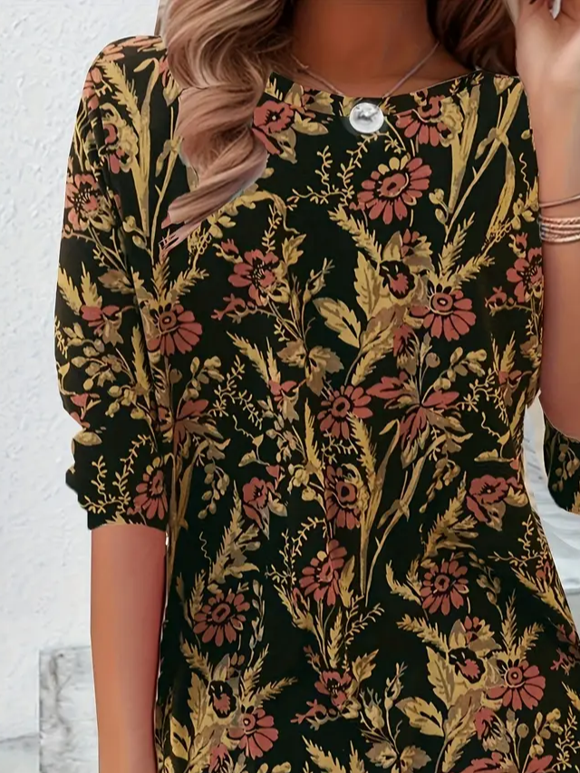 Damen Geblümt Langarm T-Shirts T-Shirt Rundhals Print Lässig Frühling/Herbst Tunika Oberteile