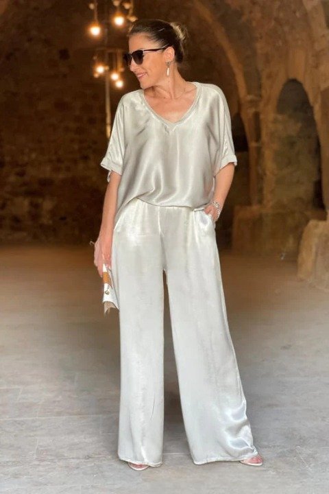 Damen Unifarben Nahtverarbeitung Zweiteiliges Set Täglich Halbarm Lässig Sommer Bluse mit Hose Matching Set