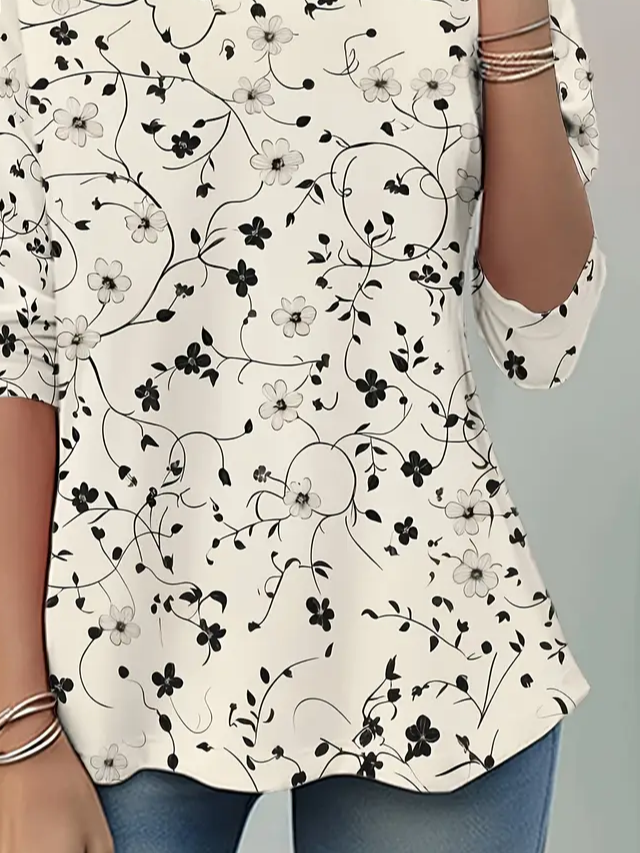 Damen Geblümt Langarm T-Shirts T-Shirt Rundhals Print Lässig Frühling/Herbst Tunika Oberteile