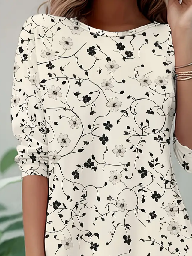 Damen Geblümt Langarm T-Shirts T-Shirt Rundhals Print Lässig Frühling/Herbst Tunika Oberteile