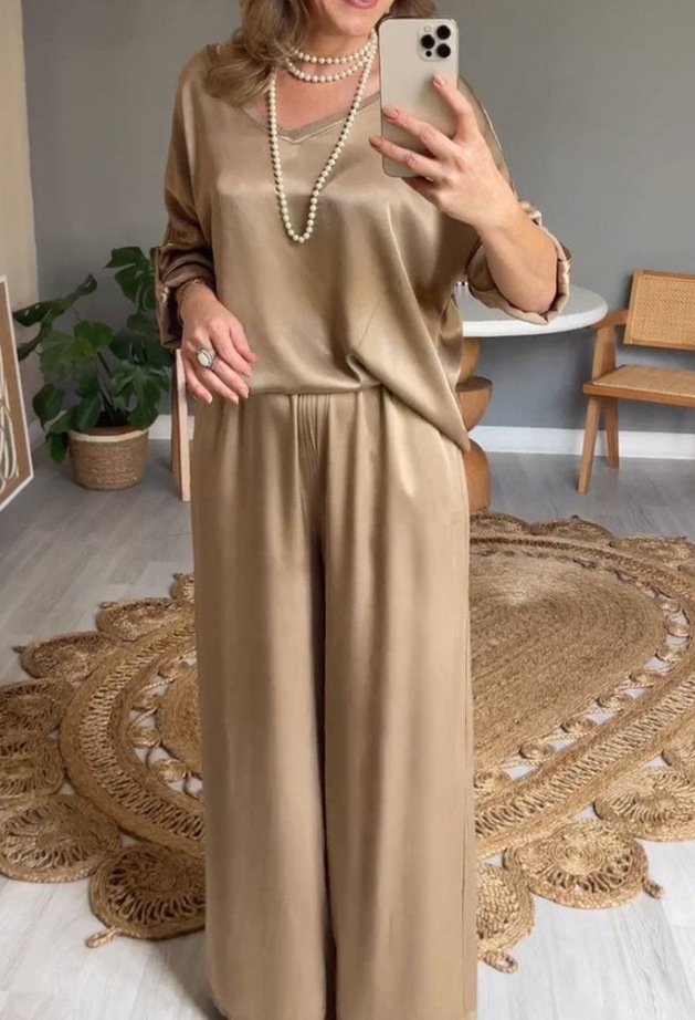 Damen Unifarben Nahtverarbeitung Zweiteiliges Set Täglich Halbarm Lässig Sommer Bluse mit Hose Matching Set