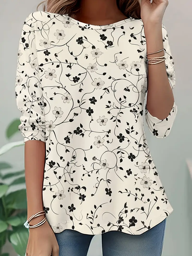 Damen Geblümt Langarm T-Shirts T-Shirt Rundhals Print Lässig Frühling/Herbst Tunika Oberteile