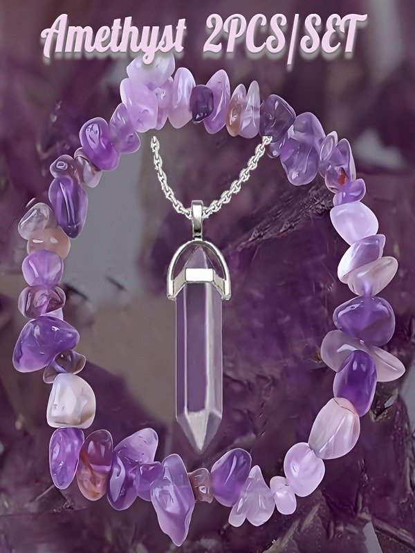 Naturstein Kies Kristall Damen Kette Armband Irregulär Klein Kies Amethyst Armband Elastisch Armband Halskette 2 Stück Set
