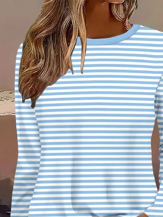 Damen Gestreift Langarm T-Shirts T-Shirt Rundhals Print Lässig Frühling/Herbst T-Shirt mit Grafik Oberteile