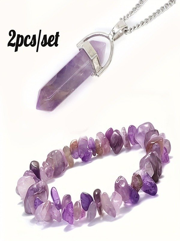 Naturstein Kies Kristall Damen Kette Armband Irregulär Klein Kies Amethyst Armband Elastisch Armband Halskette 2 Stück Set