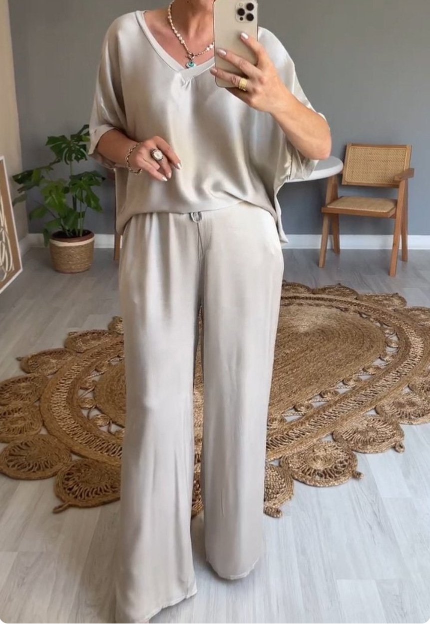 Damen Unifarben Nahtverarbeitung Zweiteiliges Set Täglich Halbarm Lässig Sommer Bluse mit Hose Matching Set