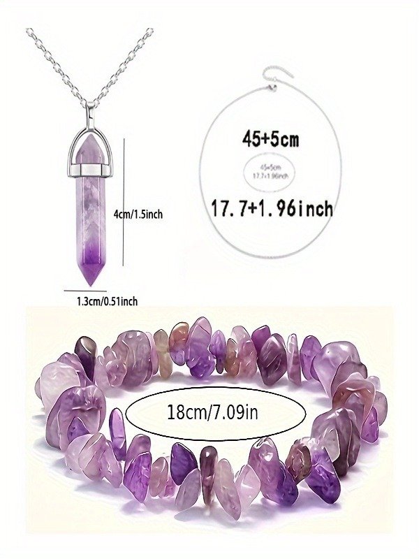 Naturstein Kies Kristall Damen Kette Armband Irregulär Klein Kies Amethyst Armband Elastisch Armband Halskette 2 Stück Set