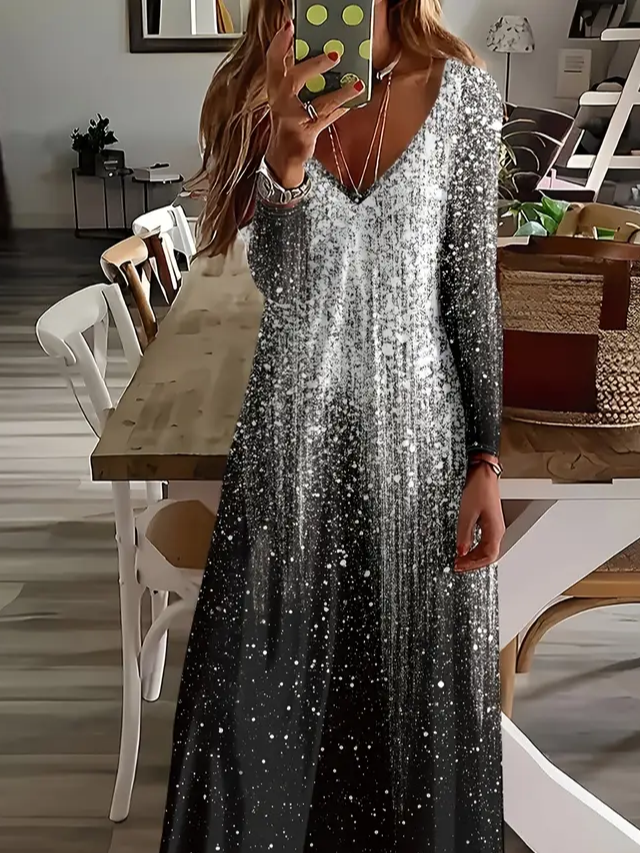 Damen Abstrakt Langarm Frühling/Herbst Print Kleid V-Ausschnitt Täglich Lässig Maxikleid H-Linie Kleid