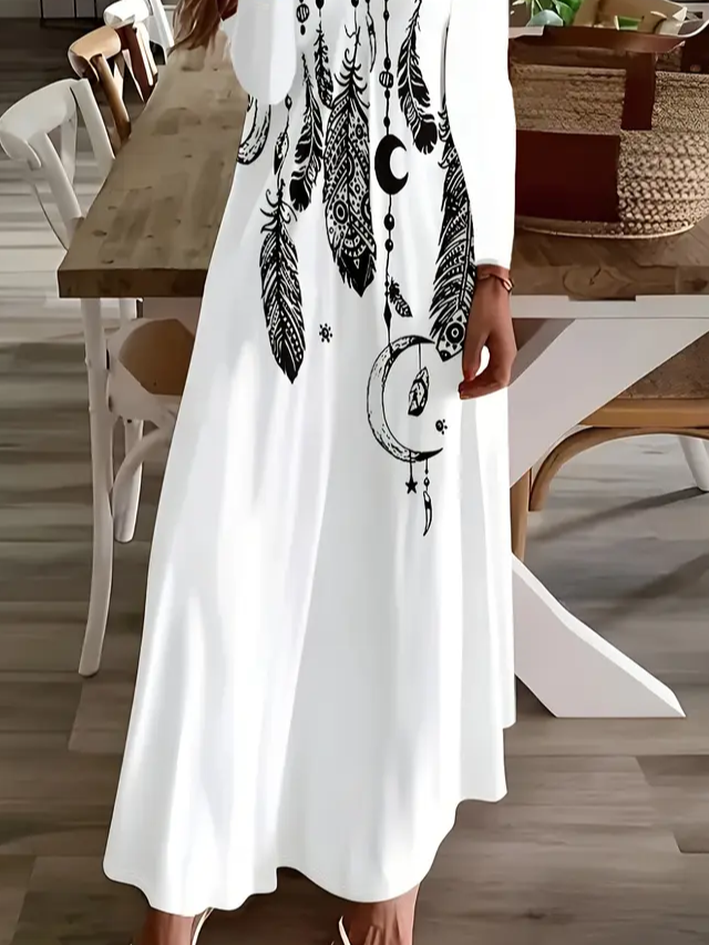 Damen Ethnisch Langarm Frühling/Herbst Print Kleid V-Ausschnitt Täglich Lässig Maxikleid H-Linie Kleid
