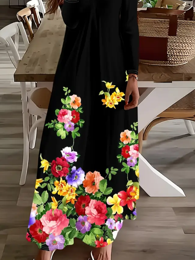 Damen Abstrakt Langarm Frühling/Herbst Print Kleid V-Ausschnitt Täglich Lässig Maxikleid H-Linie Kleid