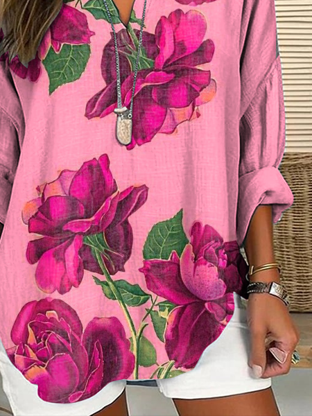 Damen Geblümt Langarm Bluse Frühling/Herbst Print V-Ausschnitt Täglich Lässig Oberteile
