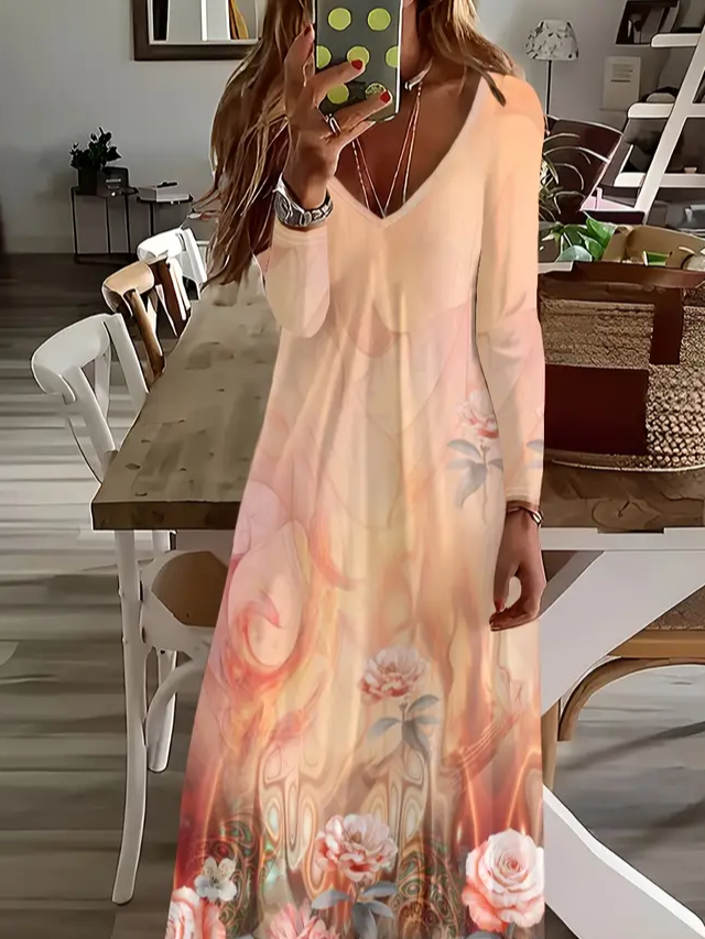 Damen Geblümt Langarm Frühling/Herbst Print Kleid V-Ausschnitt Täglich Lässig Maxikleid H-Linie Kleid