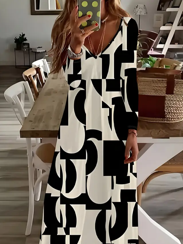 Damen Abstrakt Langarm Frühling/Herbst Print Kleid V-Ausschnitt Täglich Lässig Maxikleid H-Linie Kleid