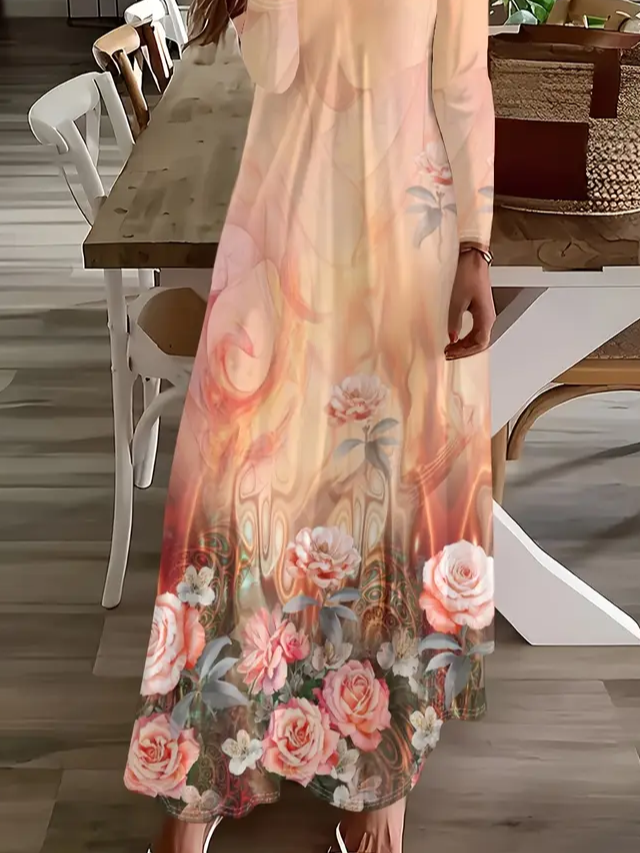 Damen Geblümt Langarm Frühling/Herbst Print Kleid V-Ausschnitt Täglich Lässig Maxikleid H-Linie Kleid