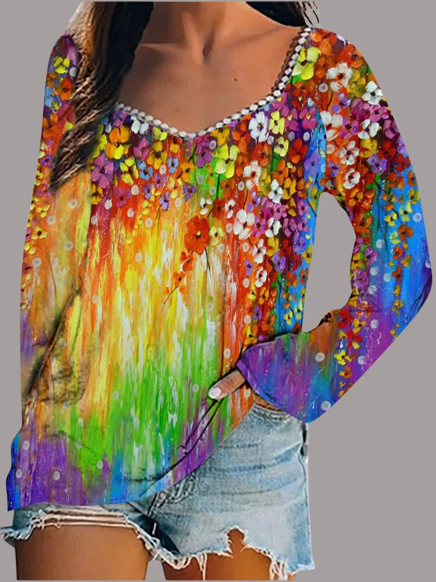 Damen Geometrisch Langarm T-Shirts T-Shirt Karree-Ausschnitt Print Retro Frühling/Herbst Oberteile