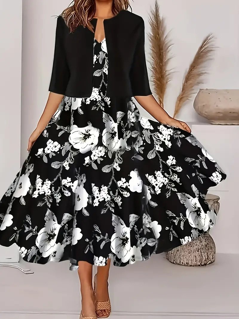 Damen Geblümt Print Zweiteiliges Set Täglich Kurzarm Lässig Sommer Mantel mit Rock Matching Set