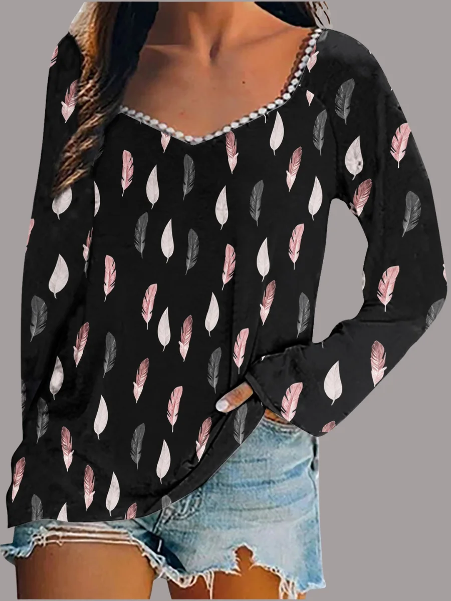 Damen Geometrisch Langarm T-Shirts T-Shirt Karree-Ausschnitt Print Retro Frühling/Herbst Oberteile