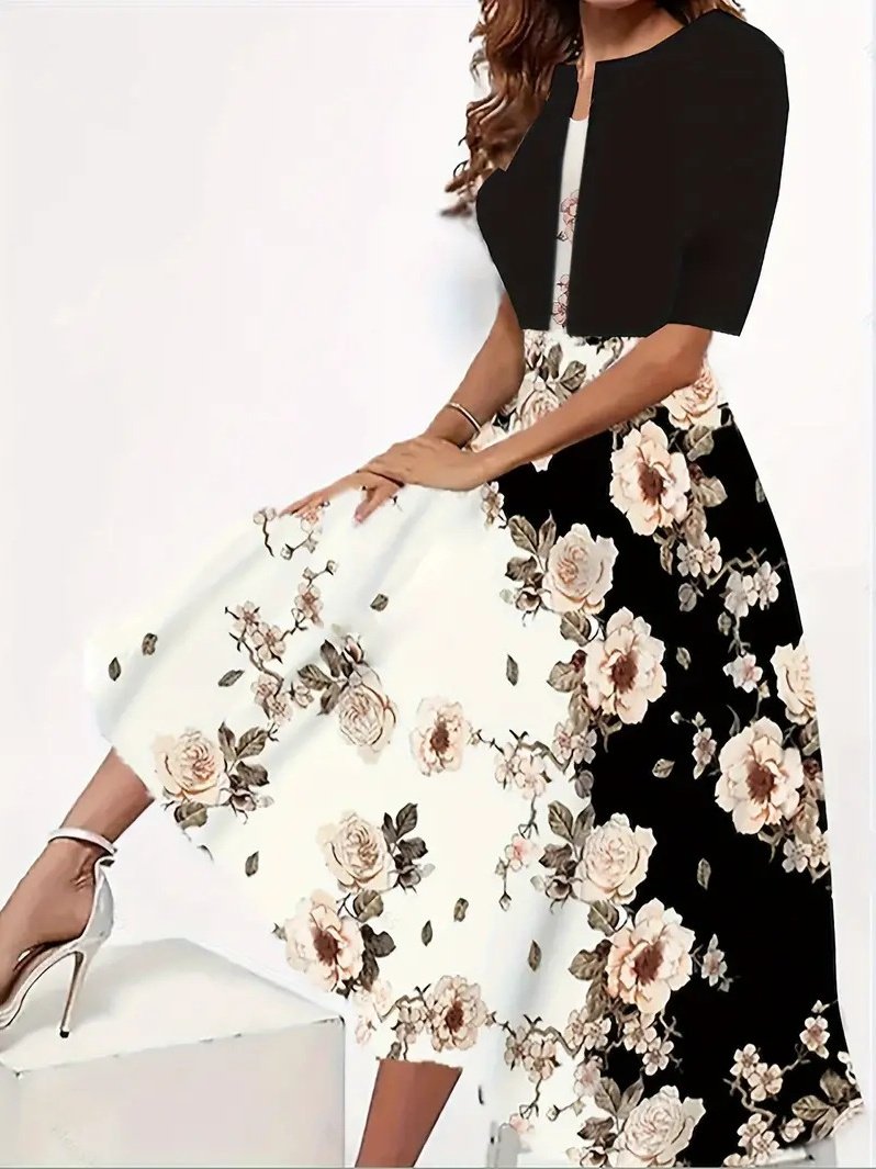 Damen Geblümt Print Zweiteiliges Set Täglich Kurzarm Lässig Sommer Mantel mit Rock Matching Set
