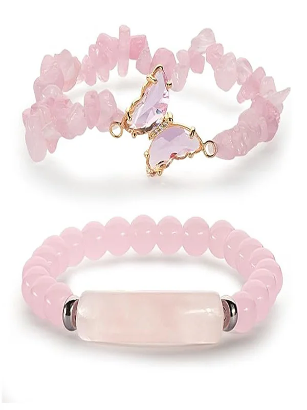 Neu Naturstein 8mm Amethyst Rosa Quarz zerquetscht Stein Schmetterling Zweiteiliges Armband