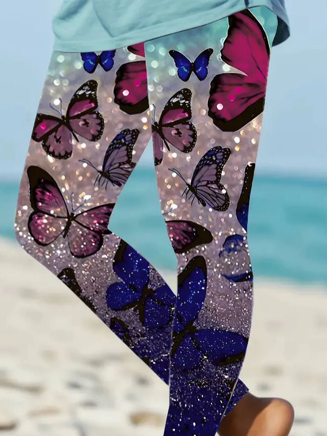 Damen Schmetterling Lässig Alle Jahreszeiten Print Lang Leggings