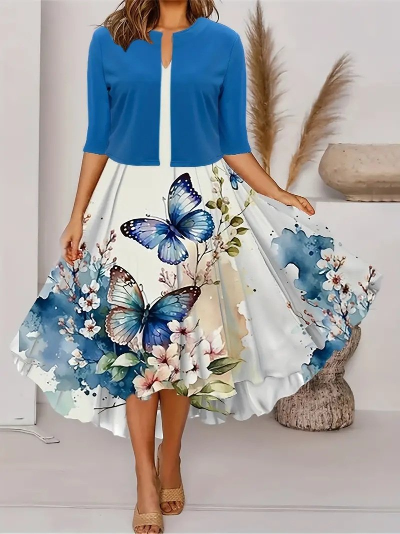 Damen Geblümt Print Zweiteiliges Set Täglich Kurzarm Lässig Sommer Mantel mit Rock Matching Set