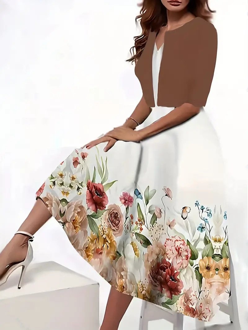 Damen Geblümt Print Zweiteiliges Set Täglich Kurzarm Lässig Sommer Mantel mit Rock Matching Set