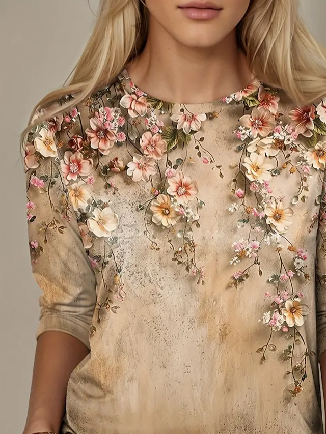 Damen Geblümt Langarm T-Shirts T-Shirt Rundhals Print Lässig Frühling/Herbst T-Shirt mit Grafik Oberteile