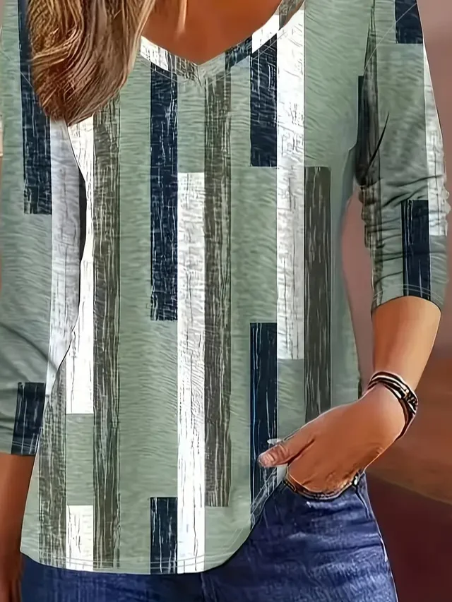 Damen Geometrisch Langarm T-Shirts T-Shirt V-Ausschnitt Print Lässig Frühling/Herbst T-Shirt mit Grafik Oberteile