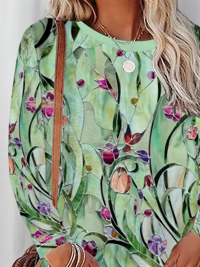 Damen Geblümt Langarm T-Shirts T-Shirt Rundhals Print Lässig Frühling/Herbst T-Shirt mit Grafik Oberteile