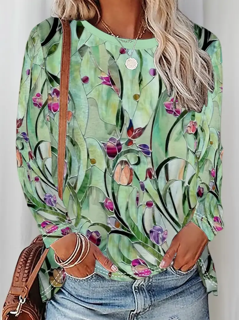 Damen Geblümt Langarm T-Shirts T-Shirt Rundhals Print Lässig Frühling/Herbst T-Shirt mit Grafik Oberteile