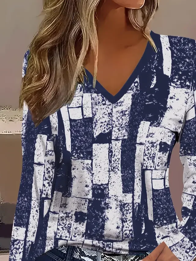 Damen Abstrakt Langarm T-Shirts T-Shirt V-Ausschnitt Print Lässig Frühling/Herbst T-Shirt mit Grafik Oberteile