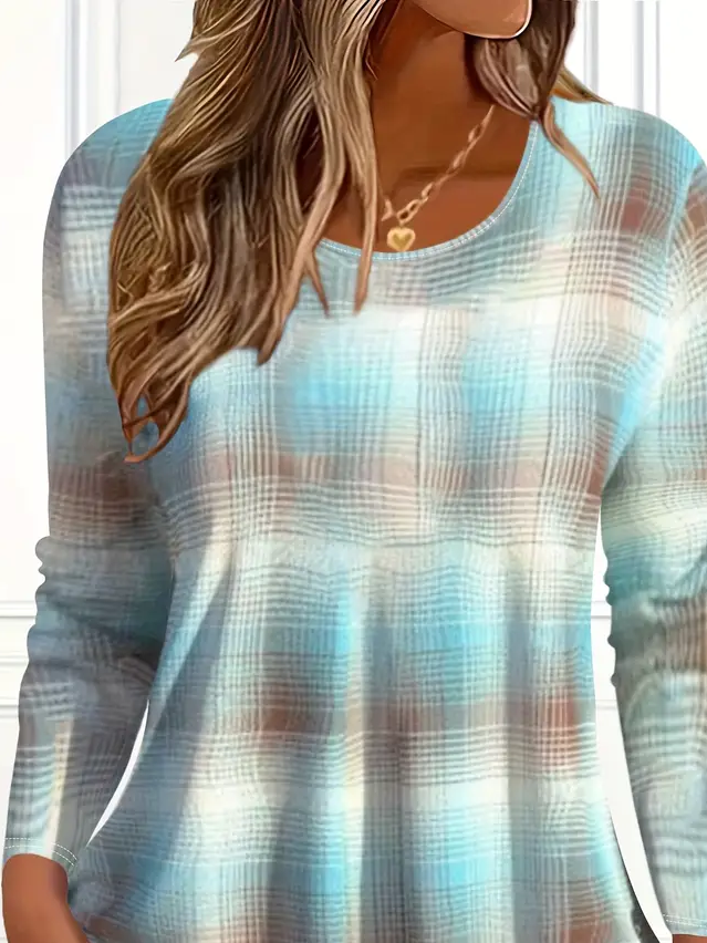 Damen Abstrakt Kariert Langarm T-Shirts T-Shirt Rundhals Print Lässig Frühling/Herbst T-Shirt mit Grafik Oberteile