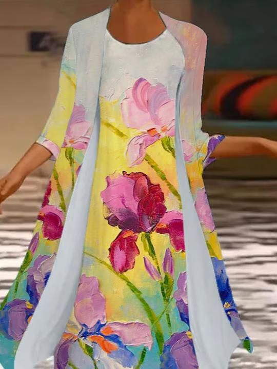 Damen Geblümt Print Zweiteiliges Set Täglich Dreiviertelärmel Lässig Frühling/Herbst Mantel mit Rock Matching Set
